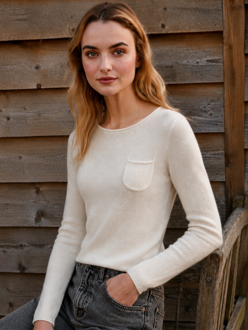 Bisou Bisou 100% Cashmere Ivory Scoop Neck
Pocket Sweater M NWT